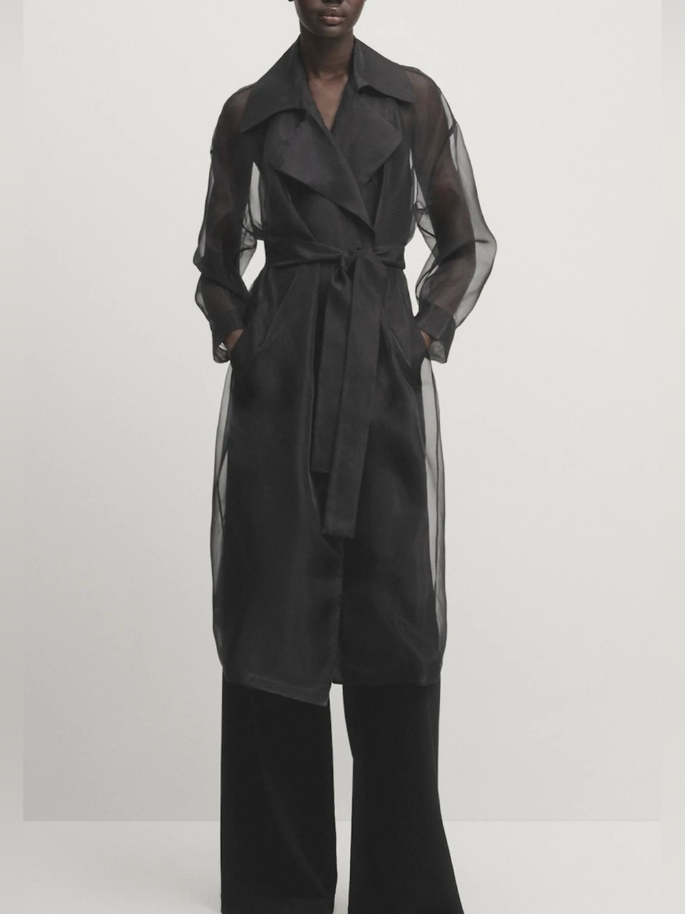 Technical organza trench coat with belt